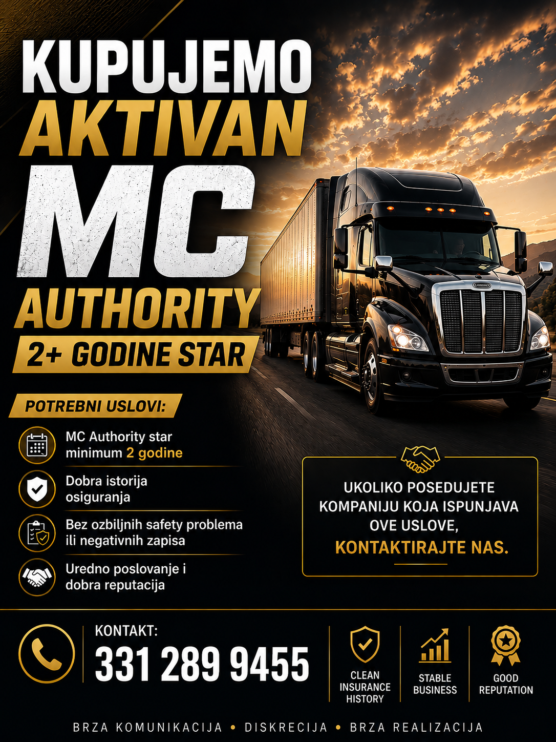 Kupujemo aktivan MC Authority (2+ godine star) - Balkan Truckers US