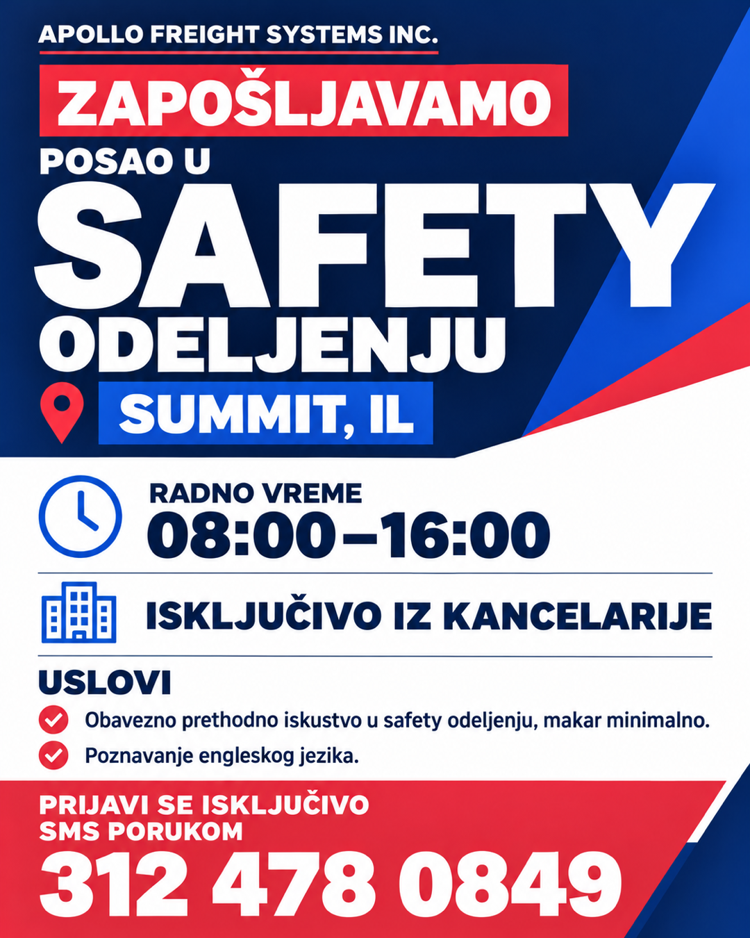 Apollo Freight Systems Inc. traži osobu za rad u safety odeljenju